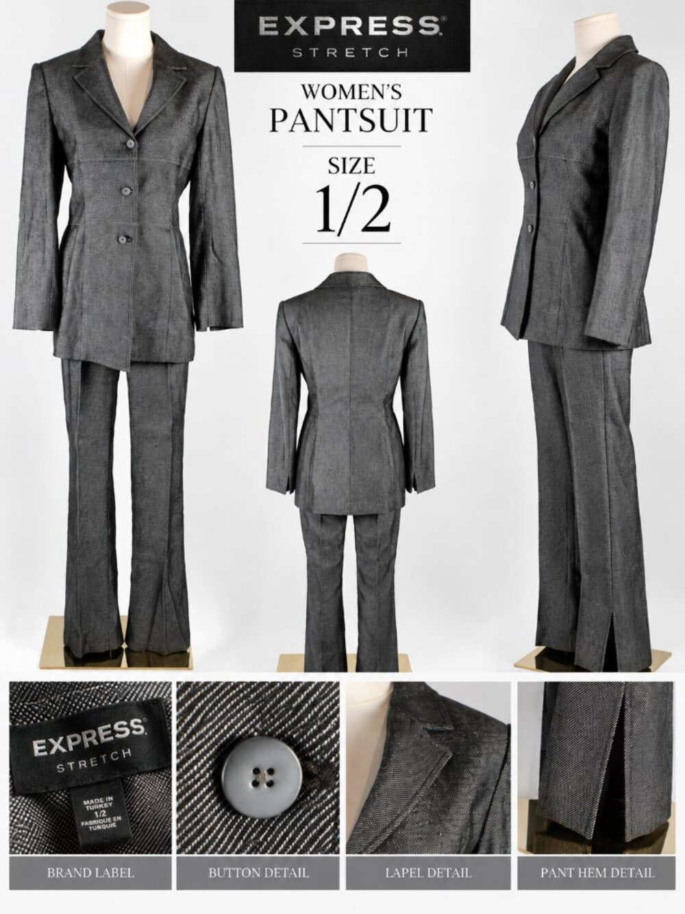 Express World Brand Stretch Denim Pant Suit Set Gray 1/2 Vintage